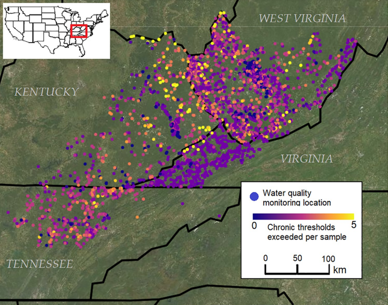 Map of the Southern Appalachians with water monitoring sites marked.
