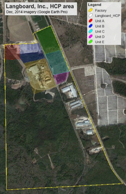 Boundary of the Langboard property (yellow line) and the five units discussed in the HCP (A-E).