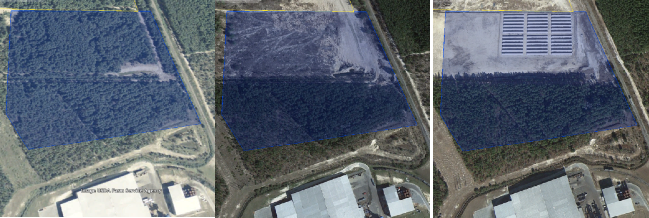 In 2010, Unit B was mostly forested (left), but by 2013 the northern half had been cleared (center) and by 2014 the area was further developed (right).