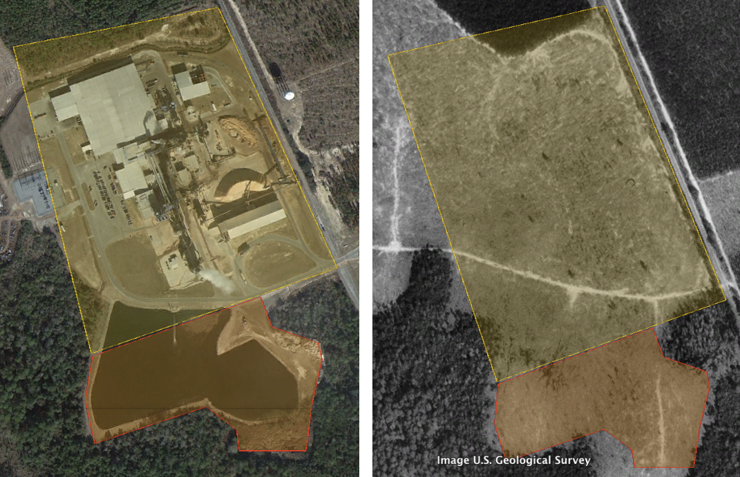 The holding pond and surrounding disturbed land encompass ~11.4 acres outside of the Covered Area (2014 image, left), but the habitat was previously clear in the Covered Area and the pond (1993 image, right).