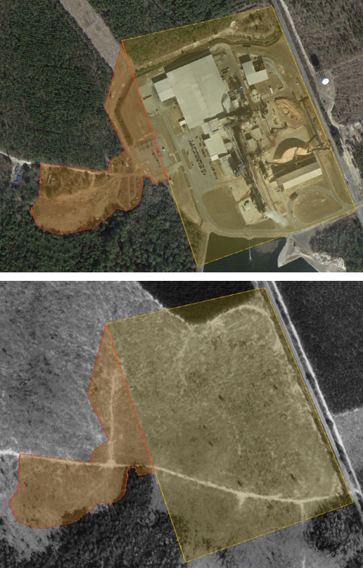 The ~11.9 acres west of the factory have no suitable habitat (2014 image, top), but were cleared before the HCP (1993 image, bottom).