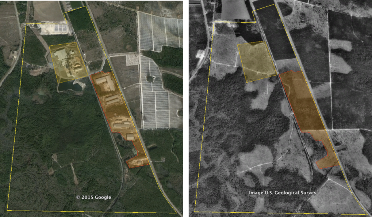 In addition to the development of the Langboard factory, ~65.7 acres were developed along the eastern edge of the Langboard property by 2014 (left). This area was a mix of thinly forested and pasture habitat in 1993 (right).